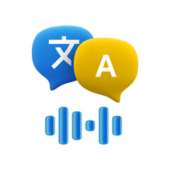 Vector cartoon 3d language audio translation icon. Realistic 3d render foreign text message speech bubbles with sound waveform. Artificial intelligence voice recognition and translation symbol.