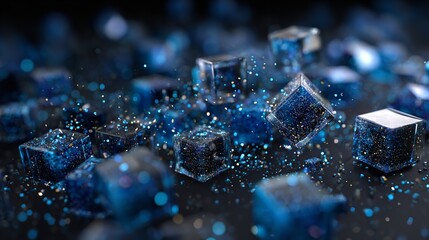 Fototapeta premium Abstract sparkling blue cubes reflecting light on a dark surface background.