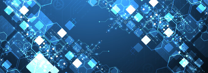 A technical background using technological lines, squares, and hexagons combined into an art composition.