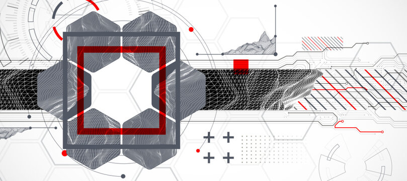 Abstract composition with wireframe mountains, geometric hexagons, dots, and lines.