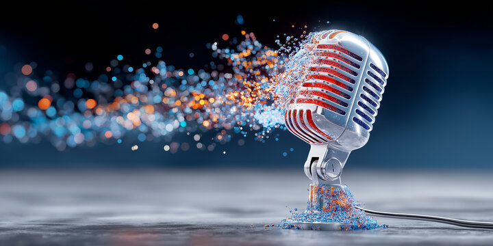 Vintage microphone stands on surface, with vibrant particles exploding from it, creating dynamic and energetic visual effect. shiny metallic finish contrasts with colorful particles