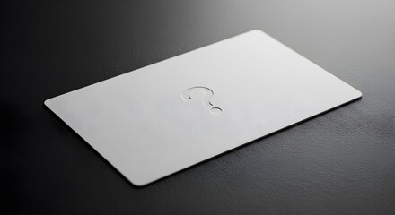 Close up of a white card with an embossed logo on a dark surface in a studio setting