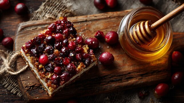 A rustic board with cranberry dessert and honey jar