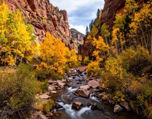 Autumnal canyon stream with vibrant fall foliage