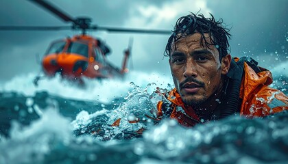 Man in Orange Jacket Rescued by Helicopter in Stormy Sea