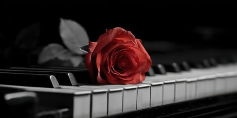 Single Rose On Piano. Red Beauty on Piano Keyboard, Musical Instrument