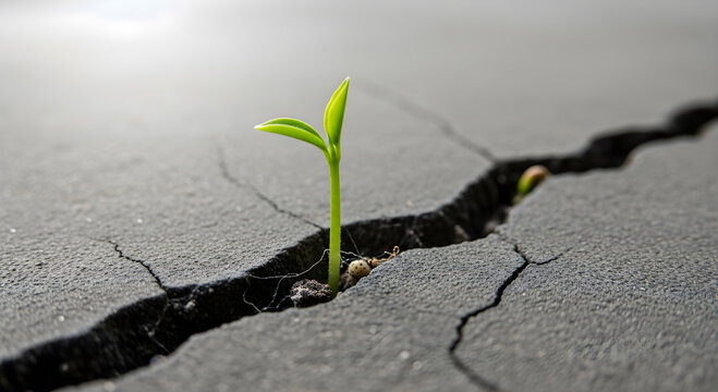 A small green plant grows out of a crack in the pavement showing resilience and determination to live