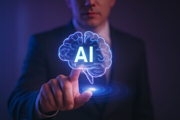 Business professional activating AI brain interface with futuristic technology concept