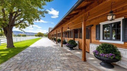 Luxury horse stable with cobblestone path outside