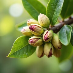 Obraz premium Pistachio nuts on tree branch with green leaves. Ripe red kernels inside yellow shells. Cluster of pistachios on branch with blurred background. Pistachio tree with nuts, foliage. Nuts ripe, ready
