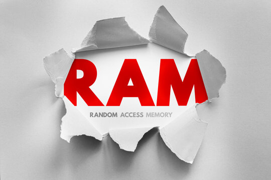 RAM acronym emerging from torn paper background, symbolizing random access memory used in computing for fast data storage and retrieval, essential for computer performance and hardware systems