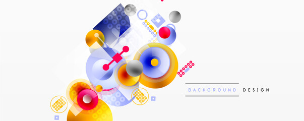 Abstract colorful shapes overlap, creating dynamic composition. Circles, squares, lines form modern design elements. Light background enhances vibrancy.