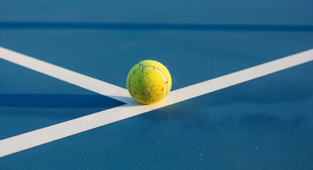 A single tennis ball resting on the intersection of white lines on a blue tennis court surface