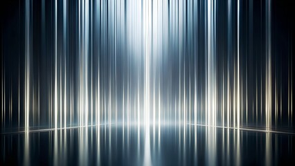 3d illustration of abstract vertical light streaks creating a futuristic, metallic tunnel effect with reflections