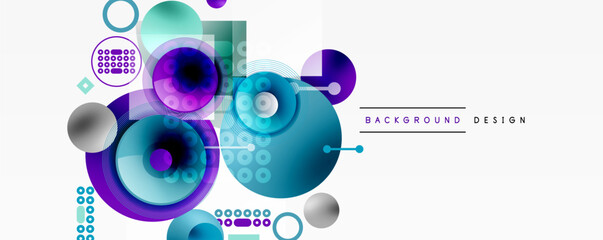 Obraz premium Abstract colorful shapes, circles, squares create modern design. Vibrant hues blend, forming dynamic composition.