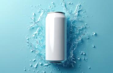 White blank soda with water splashes on light blue background. Top view shows refreshing cold drink concept for advertise. Empty metal container mockup for beverage product branding packaging design