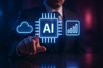Businessman interacting with AI technology interface, data analysis concept