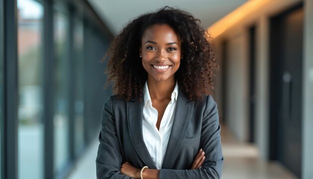 Black woman in formal business attire smiles confidently. Attractive female entrepreneur stands indoors with arms crossed. Successful professional exudes happiness, leadership in modern office space.
