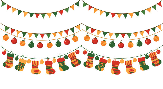 Festive Christmas decorations featuring colorful pennant banners, ornaments, and stockings strung together on white background.