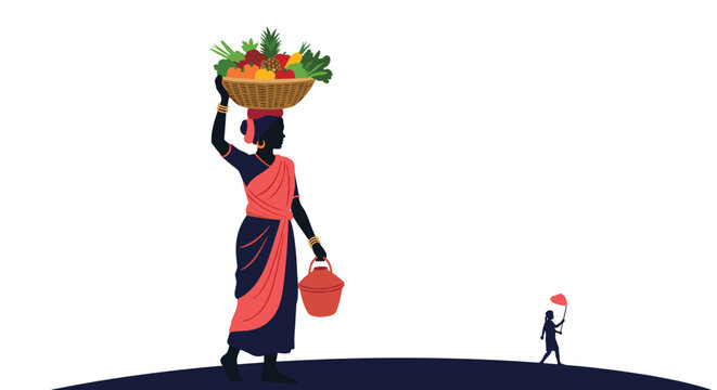 A woman in traditional attire carries a basket of fresh produce on her head and a pot, representing daily life and traditional markets.