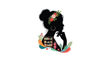 Fototapeta premium Silhouette of a woman with flowers in her hair and a bookshelf inside her head.