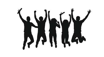 Group of graduates celebrating their achievement with joyous jumps in silhouette against a white backdrop.