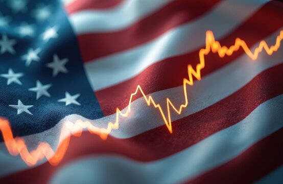 US economy concept. American flag with financial stock market graph. Economic crisis background represents USA stock market trends and finance news. Investment and trade risk on wall street.