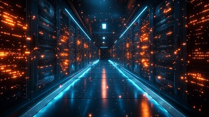 Long Futuristic Corridor of a Data Center or Server Room with Glowing Orange and Blue Lights