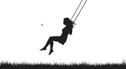 Silhouette of a woman swinging on a swing set in a field with a bird flying nearby.