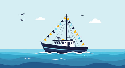 Naklejka premium A festive fishing boat sails on a bright day with flags and seagulls overhead, perfect for nautical themes and marine illustrations.