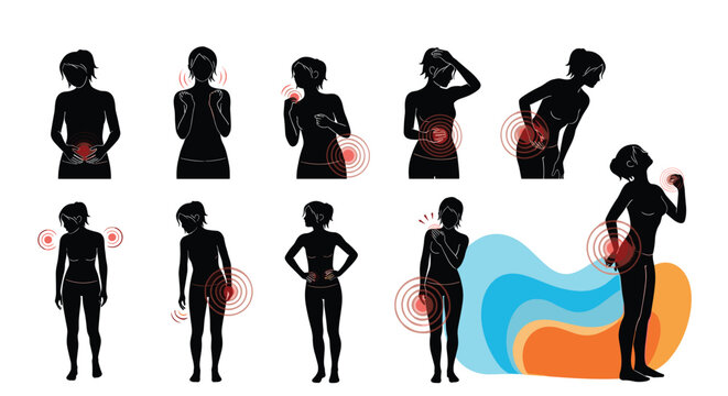 Illustrative silhouettes of women experiencing various types of body pain, marked with red circles.