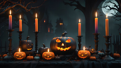 Halloween. Mushrooms and pumpkins with a castle and forest in the background	