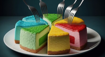 A colorful assortment of cheesecake slices arranged in a circle on a white plate, each with a fork inserted, ready to be eaten