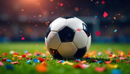 Fototapeta premium Joyful soccer ball celebrating a goal on a vibrant green pitch with confetti. A close up of a vibrant soccer ball airborne above a lush green soccer field. The ball is positioned as if it just scored,