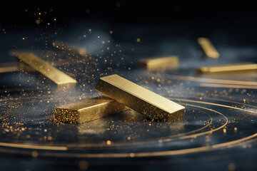Floating gold bars in dark space with swirling golden-dust path and subtle data-visual interface lines