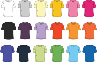 Colorful t shirt collection, flat vector illustration, casual fashion template, apparel mockup set, clothing design pack, modern unisex t shirt colors
