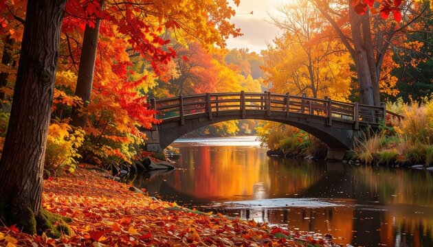 Autumnal bridge over a serene stream, vibrant foliage