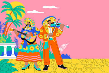 Background with traditional couple playing violin and guitar in hand-drawn flat cartoon style