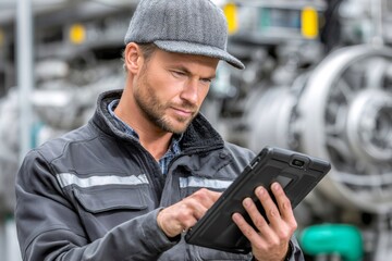 Engineer using digital tablet inspecting industrial machinery