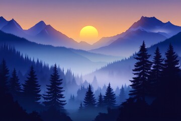 Obraz premium Mountain forest landscape sunset creating serene tranquil atmosphere