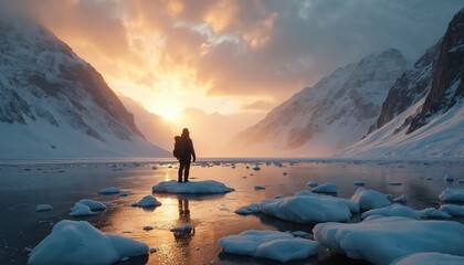 Explorer stands on ice floe. Cold winter landscape with frozen lake. Majestic mountains covered in snow and ice at sunset. Travel adventure exploring nature. Dramatic sky shows the wilderness.