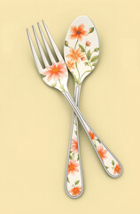 an elegant set of stainless steel cutlery, featuring a dinner fork and an oval spoon crossed gracefully against a soft pastel yellow background. The flatware boasts a smooth, polished finish