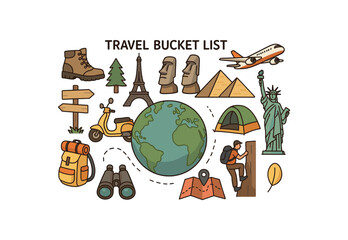 travel bucket list global exploration and adventure goals flat vector illustration style isolated on white background