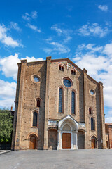 San Francesco Basilica stands prominently in Bologna's Piazza San Francesco, highlighting its unique brick facade and striking architectural details. Bologna, Province of Ferrara, Italy