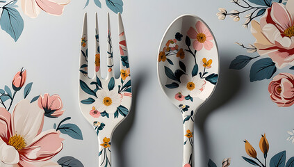 a contemporary and artistic set of flatware, featuring a four-tine fork and an oval spoon, set against a serene, powder-blue background adorned with oversized floral elements.