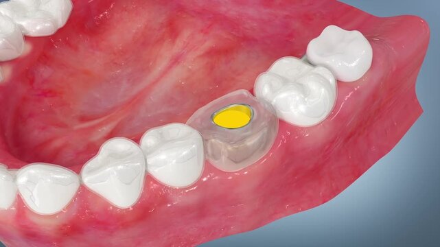 Dental implant surgical guide placement process, dental surgery, oral scan, model making, positioning, Dental implant and ceramic crown. Medically accurate tooth 3D Animation.