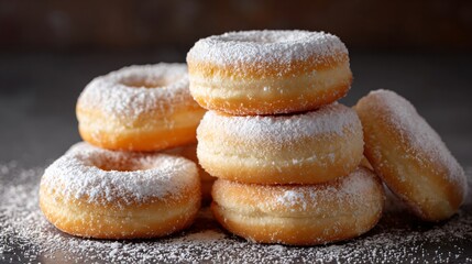 A baked eggnog donuts stacked, powdered sugar,