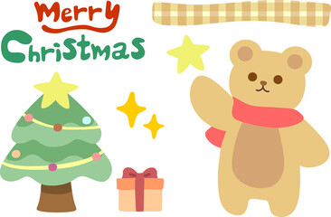 ​Christmas Bear and Tree Cute Doodle Illustration Set 