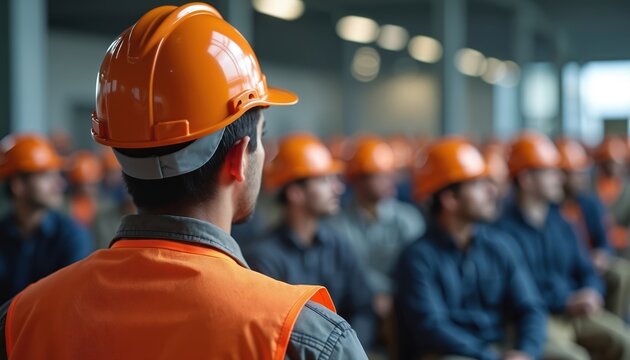 Construction worker wears orange hard hat, safety vest. Attends training session with men in hard hats. Group learns workplace safety, listens carefully at seminar. Pro development course for