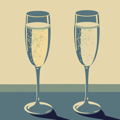 Illustration of two champagne flutes filled with sparkling wine on a table